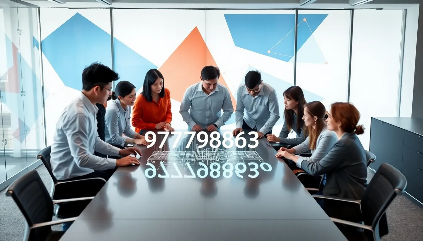 diverse professionals discussing number patterns in a modern office.