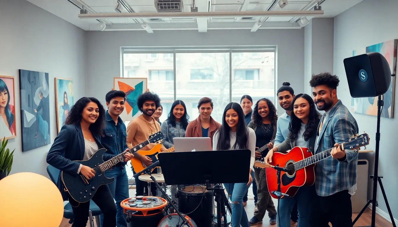 diverse group of artists collaborating in a creative studio.