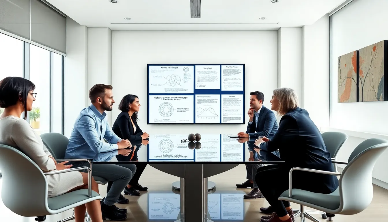 diverse scholars discussing complex ideas in a modern conference room.